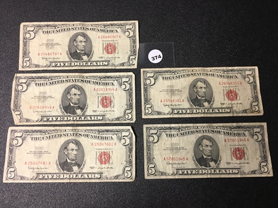(5) 1963 $5 (Red) Legal Tender, Circulated