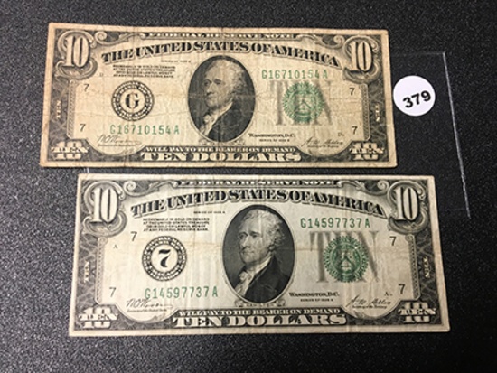 (2) 1928 Series $10 Bills, Redeemable in Gold, Circulated