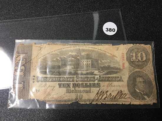 1863 Confederate $10 Currency, Circulated