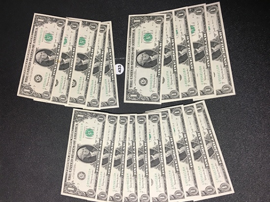 (20) Unc 1963 Series Numerical Order Serial Number $1 Bills