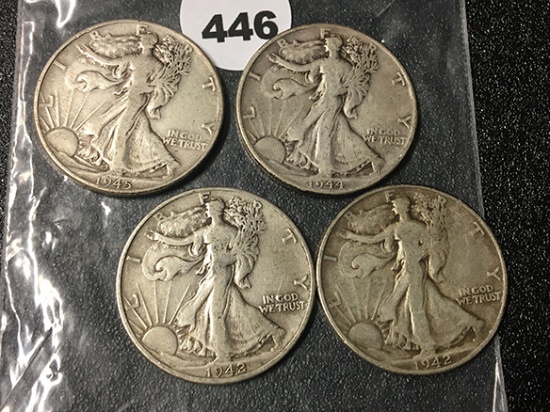 1942, 42-D, 44, 45 Walking Liberty Half Dollars