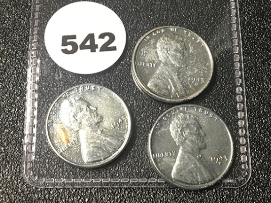 (3) 1943, 43-S, 43-D Steel Pennies, Unc,