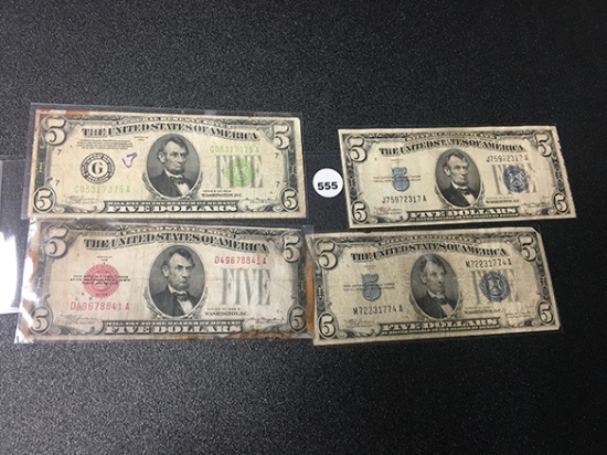 1928 Series and (3) 1934 Series $5 Legal Tender, Circulated
