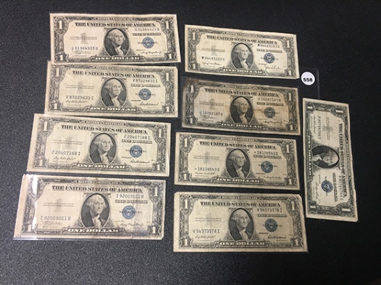 (9) 1935 Series $1 Silver Certificates, 1 Star Note, Circulated