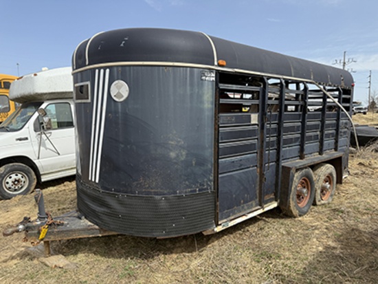 1990 Kiefer Built 16ft Livestock Trailer, Sells with plastic barrels and other salvage, have title