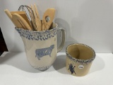 Roseville Ohio 3 1/2 in. Crock & Modern B/W Spongeware Cow Pitcher