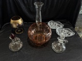 Etched 6 in. Pink Rose Bowl, Overlaid Piece & Misc. Glass