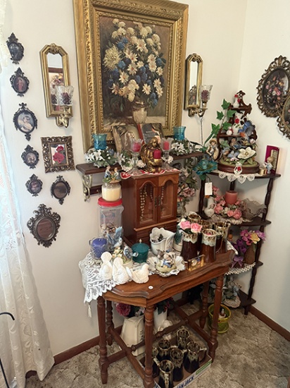 6 Legged Lamp Table, Corner Shelf, Jewelry Box and Various Misc.