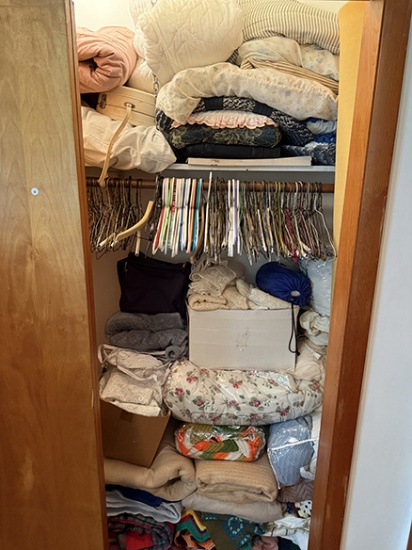Contents of Closet, Various Bedding Afghans, Pillows, Hand Bags, Etc.