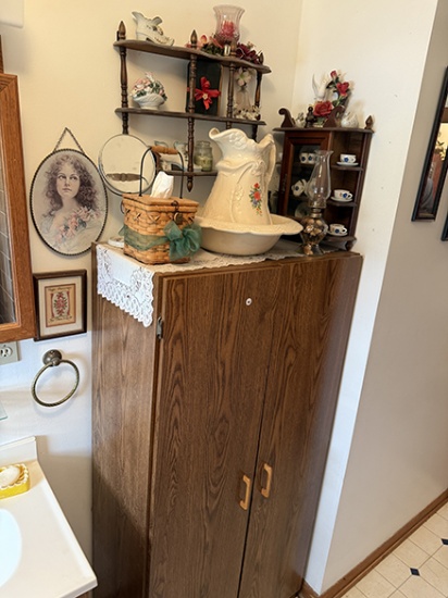 30 in. Storage Cabinet, Pitcher & Bowl, Various Other Items