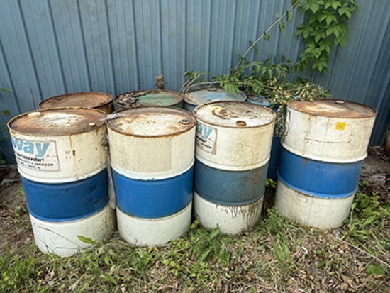 Lot of 6 55 gal Steel Barrels & (2) Plastic