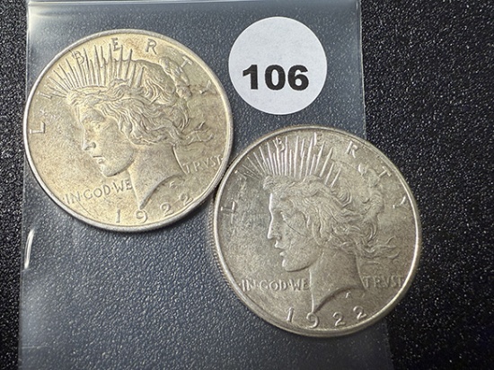 (2 X $) 1922, 22-S Peace Dollars, XF-AU