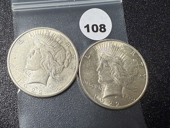 (2 X $) 1922, 22-S Peace Dollars, XF