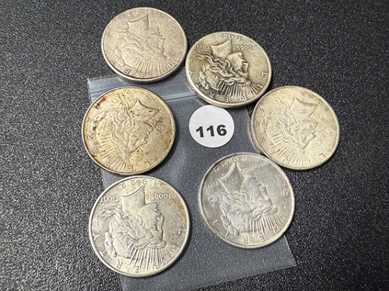 (6 X $) (3) 1922, (2) 22-S, 22-D Peace Dollars