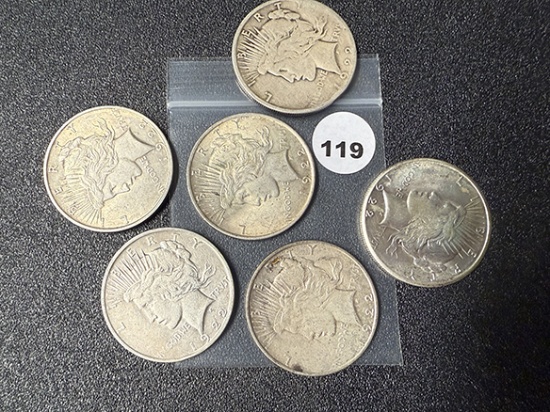 (6 X $) 1922. (3) 22-D, (2) 22-S Peace Dollars