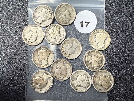 Lot of (12) 1920s Mercury Dimes, Book Break Out
