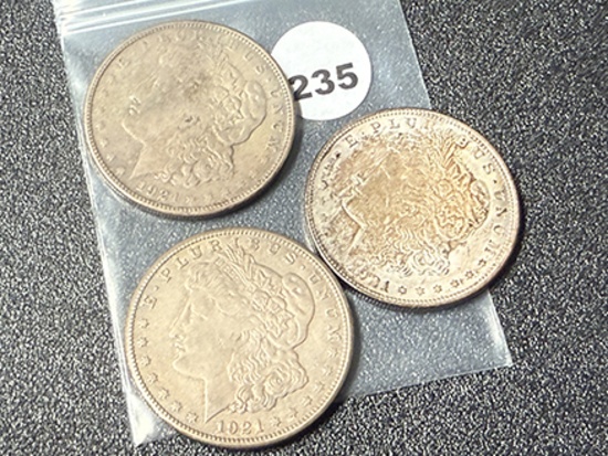 (3 X $) (2) 1921, 21-S Morgan Dollars