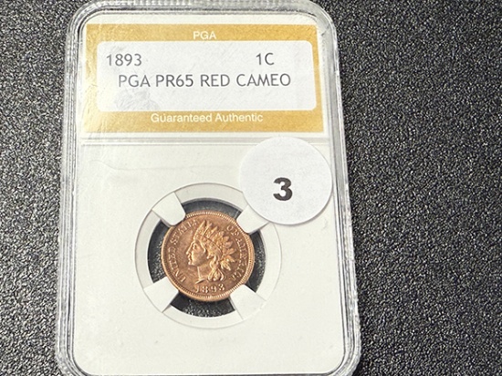 Rare Red Cameo 1893 Indian Cent, PGA PR65