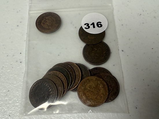 Bag of 14 1896-1909 (NO S s) Indian Head Cents
