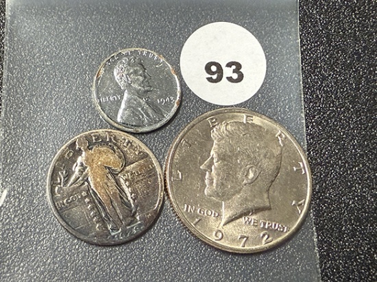 1972 Kennedy Half, 1929 Standing Liberty Quarter, 1943 Steel Penny