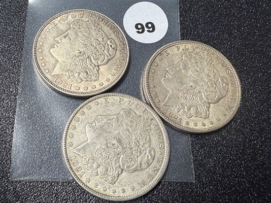 (3 X $) 1921-D, (2) 1921 Morgan Dollars