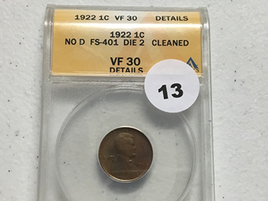 1922 No. D Lincoln Cent, ANACS VF30, Details