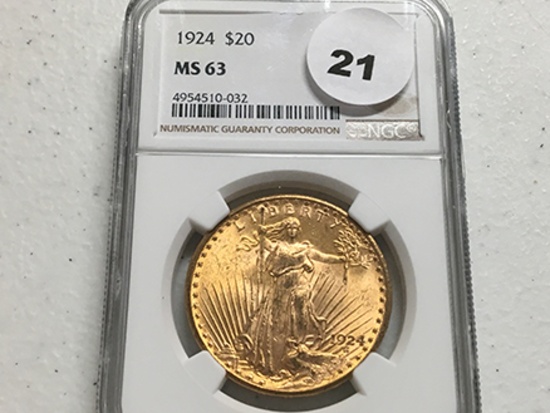 1924 $20 Gold Eagle, NGC MS63
