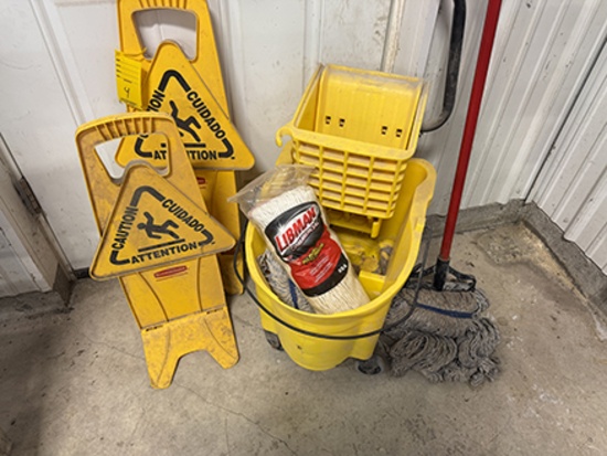Rubbermaid Mop Bucket and Caution Signs