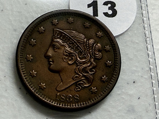 1838 Matron Head Large Cent, XF