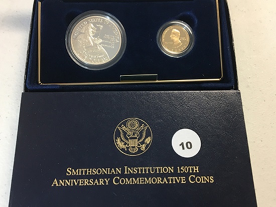 Smithsonian Institution 150th Annv. Comm. Coins, Two-Coin Silver and Gold Proof Set