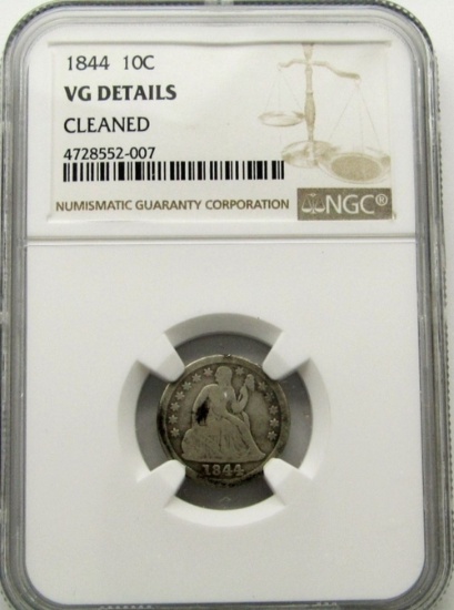 1844 SEATED DIME NGC VG DETAILS