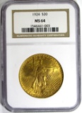 1924 $20 ST GAUDENS GOLD NGC MS 64