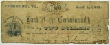 1861 $2 BANK OF THE COMMONWEALTH NOTE