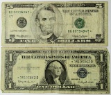 2-STAR NOTES:  $5 FED RESV NOTE & $1 SILVER CERT