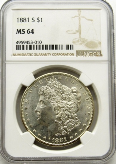 1881-S Morgan Silver Dollar $ NGC MS 64 Blast Whit