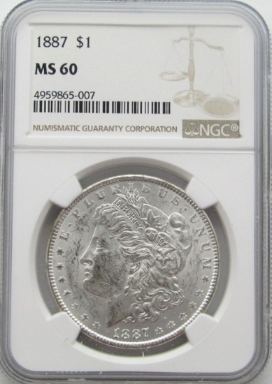 1887-P Morgan Silver Dollar $ NGC MS 60 Blast Whit
