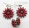 2-PAIRS OF ANTIQUE RED CORAL FLOWER
