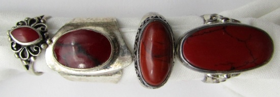 4-STERLING SILVER RINGS W/ RED/BROWN