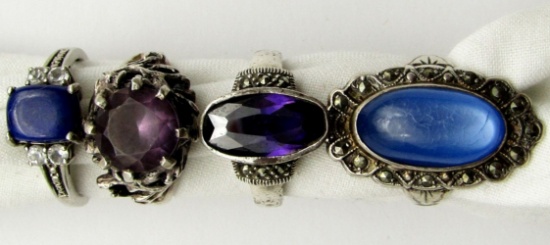 4-ANTIQUE STERLING RINGS WITH DEEP BLUE &
