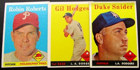 1958 TOPPS #88 SNIDER, #90 ROBERTS, #162 HODEGES