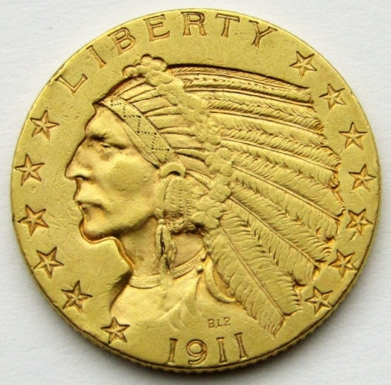 1911 $5 INDIAN GOLD FIVE DOLLARS