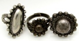 3-ANTIQUE STERLING RINGS WITH FLOWER DETAILS