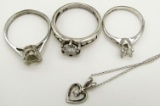 3-STERLING RINGS WITH CZ & (1)NECKLACE W/