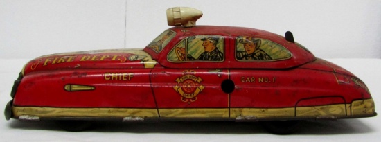 VINTAGE TIN TOY FIRE DEPT CAR NO 1 WIND UP