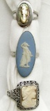 3-ANTIQUE STERLING CAMEO RINGS