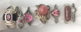 7-STERLING RINGS WITH PINK/RED STONE ACCENTS