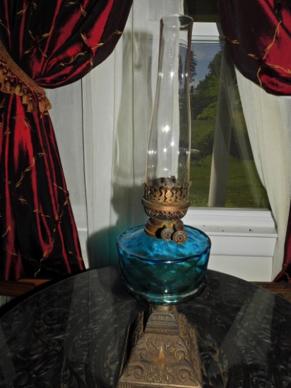 blue cobalt oil lamp with chimney brass vintage