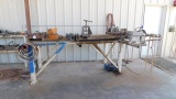 (7673) (2) METAL SHOP TABLES, (1) METAL SHELF W/ LARGE ASSORTMENT OF HAND TOOLS,