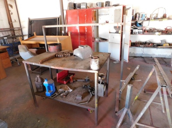 LOT OF METAL SHOP TABLES, WORK STANDS, ROTISSERI STAND (70869)