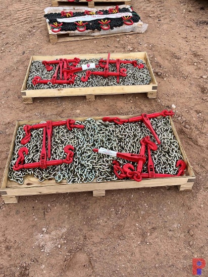PALLET OF UNUSED CHAINS AND CHAIN BINDERS